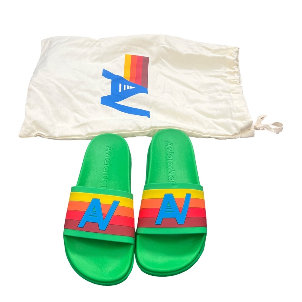 Aviator Nation Green Sandals with Rainbow Stripes